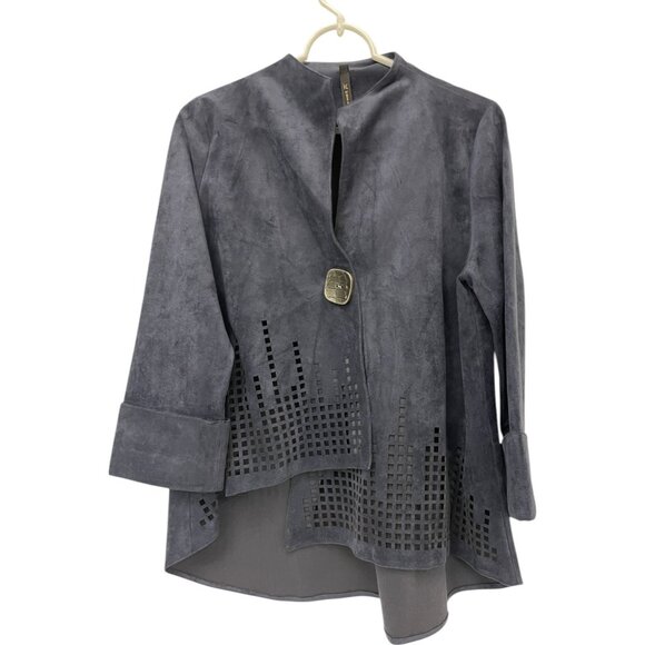 IC By Connie K Womens Jacket Blazer S Small Blue Gray Faux Suede Asymmetric - Picture 1 of 7